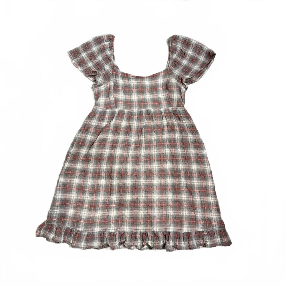 {SOLD} Maeve Anthropologie Grey & Red Plaid Flutter Sleeve Mini Dress Size Small - Picture 2 of 9